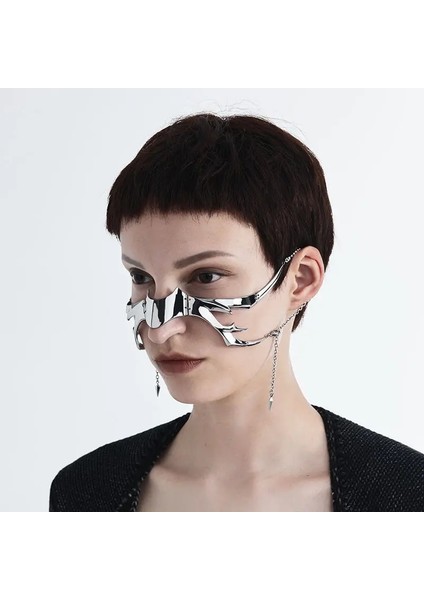B Cyberpunk Düzensiz Titanyum Çelik Parti Maskesi Gotik Punk Metal Mekanik Uzaylı Sıvı Yüz Süsleme Küpe Takı Aksesuarla (Yurt Dışından)