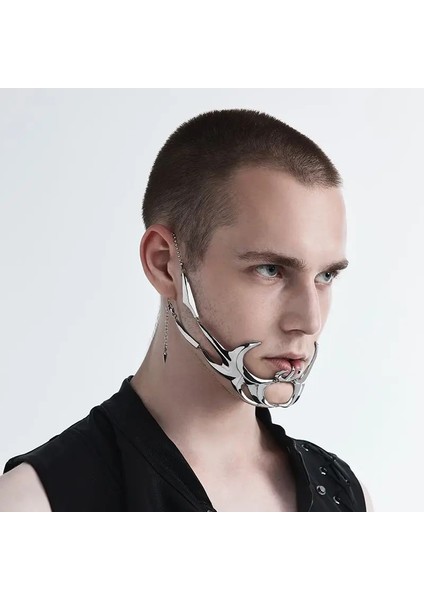 B Cyberpunk Düzensiz Titanyum Çelik Parti Maskesi Gotik Punk Metal Mekanik Uzaylı Sıvı Yüz Süsleme Küpe Takı Aksesuarla (Yurt Dışından)