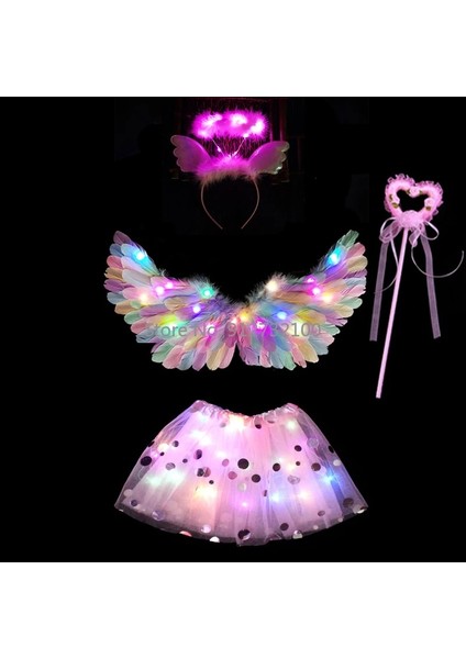 4 Adet Set 18 2-8 Yaş Çocuklar Için Melek Cosplay Işık Tutu Etek Hairband Glow Tüy Kanat Doğum Günü LED Parti Kostüm Topu Etek Cadılar Bayramı Noel Paskalya (Yurt Dışından)