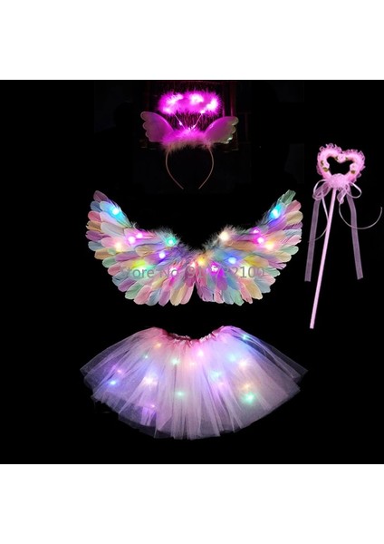 4 Adet Set 18 2-8 Yaş Çocuklar Için Melek Cosplay Işık Tutu Etek Hairband Glow Tüy Kanat Doğum Günü LED Parti Kostüm Topu Etek Cadılar Bayramı Noel Paskalya (Yurt Dışından)
