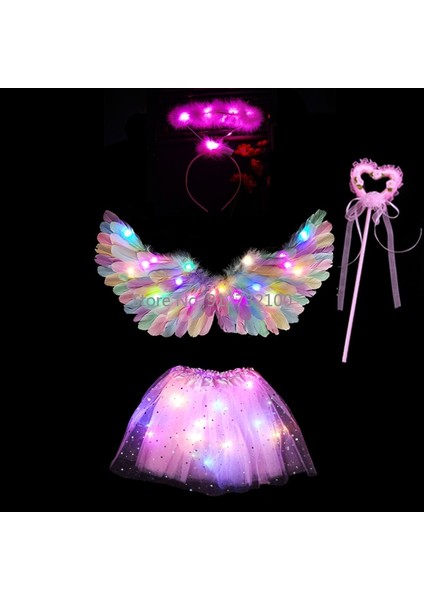 4 Adet Set 18 2-8 Yaş Çocuklar Için Melek Cosplay Işık Tutu Etek Hairband Glow Tüy Kanat Doğum Günü LED Parti Kostüm Topu Etek Cadılar Bayramı Noel Paskalya (Yurt Dışından)