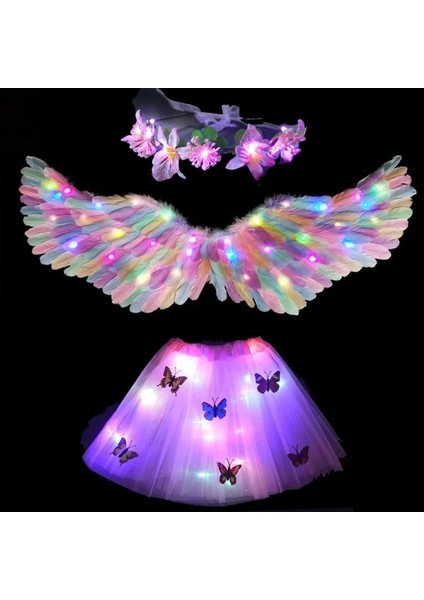 2-8 Yıl Için Set 3 Kız Kadın Melek Çiçek Peri Kostüm Işık Tutu LED Etek Glow Çelenk Tüy Kanat Halo Parti Hediye Doğum Günü Düğün Karnaval (Yurt Dışından)