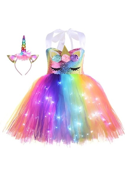 Renkli Xl (7-8t) LED Parlayan Işık Çocuk Kız Tek Boynuzlu At Elbiseler Tutu Prenses Elbise Unicorn Doğum Günü Partisi Dans Mini Etek Kostüm Cosplay Dekor (Yurt Dışından)