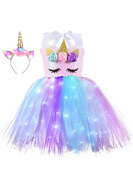 Renkli Xl (7-8t) LED Parlayan Işık Çocuk Kız Tek Boynuzlu At Elbiseler Tutu Prenses Elbise Unicorn Doğum Günü Partisi Dans Mini Etek Kostüm Cosplay Dekor (Yurt Dışından)