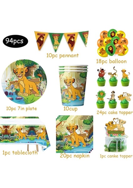 94 Adet Disney Aslan Kral Simba Doğum Günü Partisi Dekorasyon Tek Kullanımlık Sofra Seti Balon Arka Plan Çocuk Kız Erkek Parti Malzemeleri (Yurt Dışından)