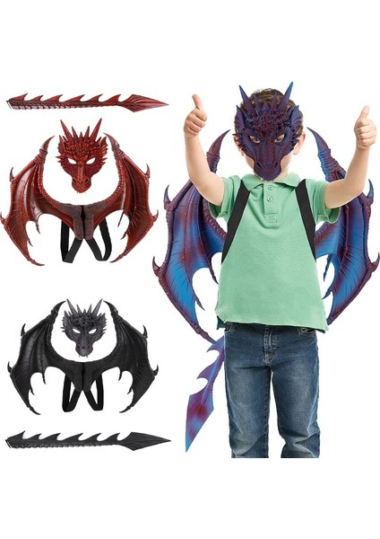Maske-Siyah Erkek ve Kız Çocuk Cosplay Ejderha Kostüm Cadılar Bayramı Dekor Karnaval Parti Hayvan Kostüm Partisi Çocuk Kanat Maskesi ve Kuyruk Cosplay Set (Yurt Dışından)