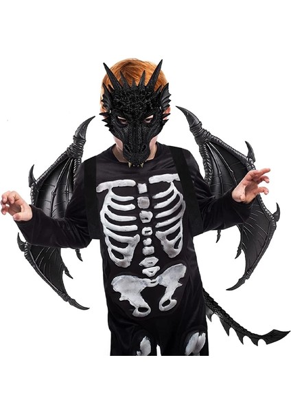 Maske-Siyah Erkek ve Kız Çocuk Cosplay Ejderha Kostüm Cadılar Bayramı Dekor Karnaval Parti Hayvan Kostüm Partisi Çocuk Kanat Maskesi ve Kuyruk Cosplay Set (Yurt Dışından) modelleri
