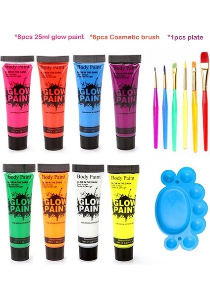 25 ml 8 Adet Set Uv Glow Yüz ve Vücut Boyası Karanlıkta Glow Neon Floresan Parti Malzemeleri Yüzey Uv Boya Seti Cadılar Bayramı Makyaj Vücut Boya Seti (Yurt Dışından)