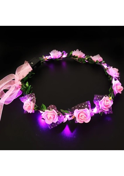 Pembe Parlayan Çelenk Düğün Parti Taç Çiçek Kafa Bandı LED Işık Noel Neon Çelenk Dekorasyon Aydınlık Saç Çelenk Hairband (Yurt Dışından)