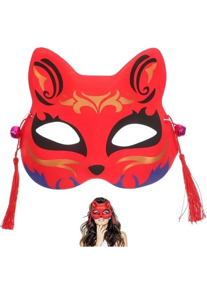 F Japon El-Boyalı Tilki Maskesi Kabuki Kitsune Yarım Yüz Maskesi Anime Cosplay Cadılar Bayramı Partisi Masquerade Kostüm Sahne (Yurt Dışından)