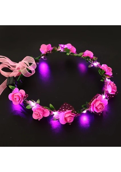 1 Adet Derin Pembe Parlayan Çiçek Taç Bandı LED Işık Düğün Çelenk Çelenk Dekorasyon Kadın Kız Doğum Günü Partisi Favor Aydınlık Saç Hairband (Yurt Dışından)
