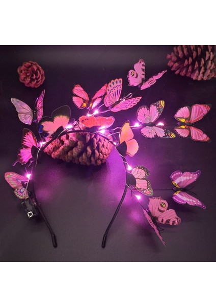 06 3 Işık Modu LED Glow Simülasyon Pembe Mavi Kelebek Çiçek Şube Noel Kafa Bandı Headdress Parti Dekorasyon Sahne Paskalya (Yurt Dışından)