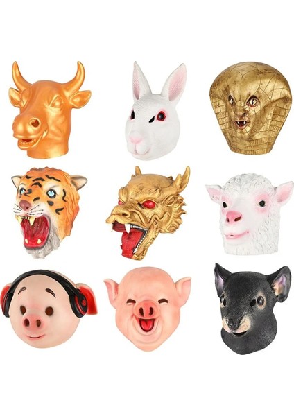 Stil 3 Zodyak Hayvan Tavuk At Köpek Domuz Kaplan Kafası Tavşan Maskesi Lateks Kostüm Cadılar Bayramı Maskesi Sahne (Yurt Dışından) fiyatları