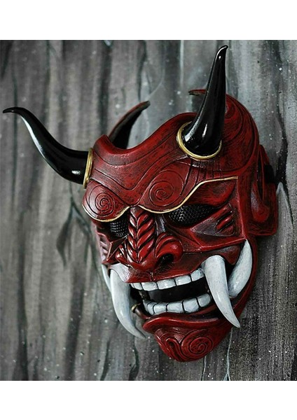 Siyah Cadılar Bayramı Yüz Maskeleri Hannya Şeytan Oni Samuray Noh Kabuki Kırmızı Prajna Inek Şeytan Lateks Parti Yetişkin Unisex Maskeleri Halat Boynuzları ile (Yurt Dışından) modelleri