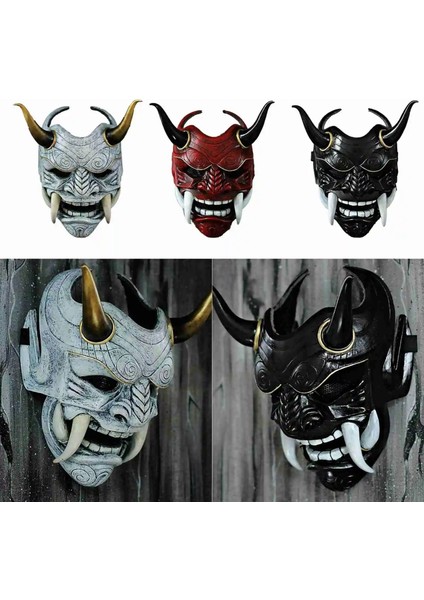 Beyaz Cadılar Bayramı Yüz Maskeleri Hannya Şeytan Oni Samuray Noh Kabuki Kırmızı Prajna Inek Şeytan Lateks Parti Yetişkin Unisex Maskeleri Halat Boynuzları ile (Yurt Dışından) fiyatları