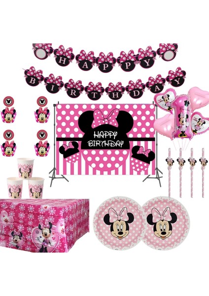 Arka Plan 1 Adet Disney Minnie Mouse Tema Tek Kullanımlık Kağıt Tabak Bardak Saman Masa Örtüsü Parti Malzemeleri Kız Doğum Günü Süslemeleri Bebek Duş (Yurt Dışından)