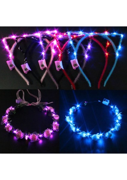 Mavi Kedi 1 Adet Kadın Kız LED Glow Kedi Tavşan Kulak Hairband Light Up Kafa Bandı Çiçek Çelenk Parti Gelin Hediye Doğum Günü Düğün Paskalya (Yurt Dışından)