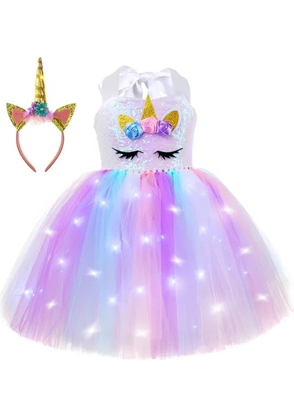 Beyaz LED L (5-6t) LED Parlayan Işık Unicorn Tutu Elbiseler Çocuklar Unicorn Doğum Günü Partisi Kızlar Dans Mini Etek Kostüm Cosplay Dekor Prenses Elbise (Yurt Dışından)