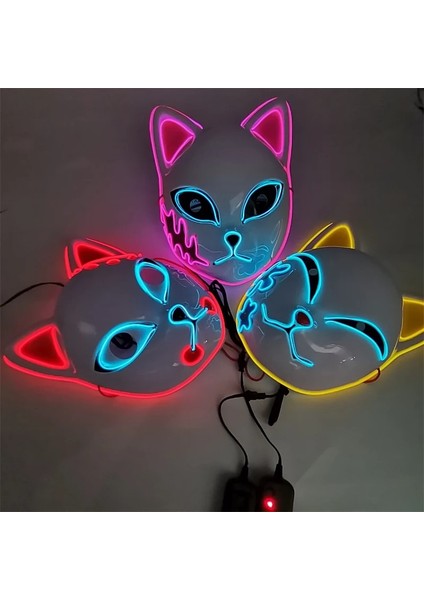 Kırmızı Anime Iblis Avcısı Maskeleri LED Japon Tilki Kabuki Kimetsu Neon Cosplay Kostüm Topu Prop Bar Perili Cadılar Bayramı Büyüyen Parti Hediye (Yurt Dışından) modelleri