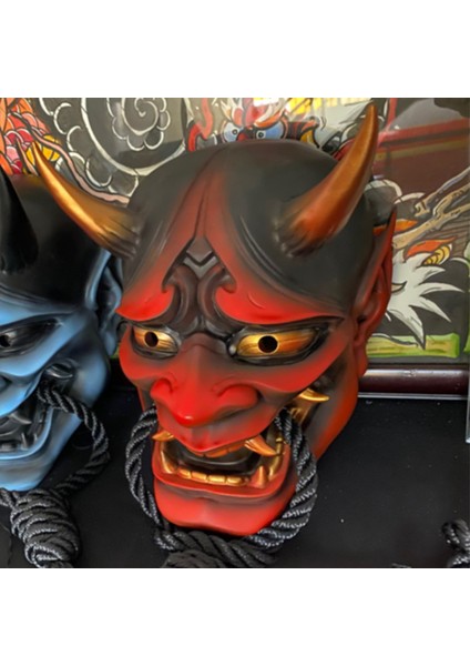 Mavi Yetişkin Unisex Cadılar Bayramı Japon Mühürlü Prajna Şeytan Hannya Noh Kabuki Şeytan Oni Samuray Tam Yüz Maskesi Siyah Mavi Kırmızı (Yurt Dışından) fırsatları