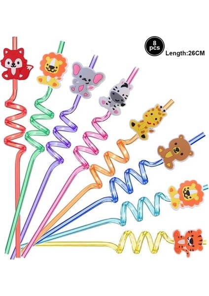 8 Adet Payet Orman Hayvanları Pipet Hayvan Yeniden Kullanılabilir Plastik Pipet Aslan Kaplan Saman Orman Safari Doğum Günü Partisi Dekoru Saman (Yurt Dışından)
