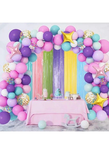 Mavi Mor Ywllow 2 Adet Renkli Saçak Perde Macaron Arka Planında Tinsel Perde Kız Unicorn Denizkızı Düğün Parti Dekorasyon Düğün (Yurt Dışından)