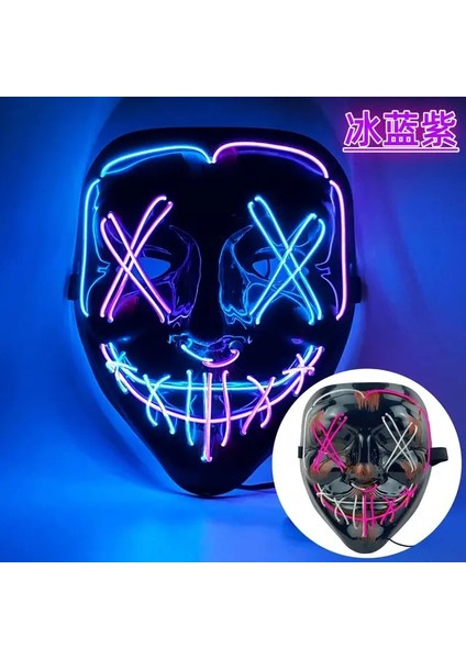 1buz Mor Cadılar Bayramı Maskesi LED Işık Neon LED Tasfiye Korkunç Maske Festival Cosplay Cadılar Bayramı Kostüm Masquerade Partileri Karnaval Hediye 2023 (Yurt Dışından)