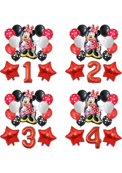 Set4-2 14 Adet/grup Mikcey Minnie Mouse Balonlar Kırmızı Minnie Doğum Günü Partisi Süslemeleri Bebek Duş 32 Inç Numarası Balon Puantiyeli Globos (Yurt Dışından)