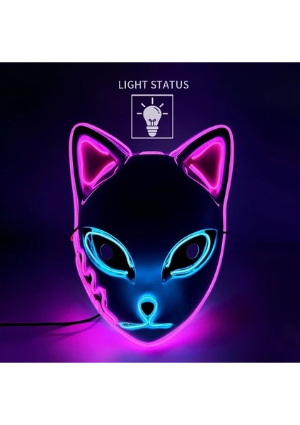 Açık Pembe Mavi LED Parlayan Kedi Yüz Maskesi Kadınlar Için Iblis Avcısı Soğuk Işık Tilki Maskesi Masquerade Cosplay Sahne Bar Perili Ev Parti Dekoru (Yurt Dışından)