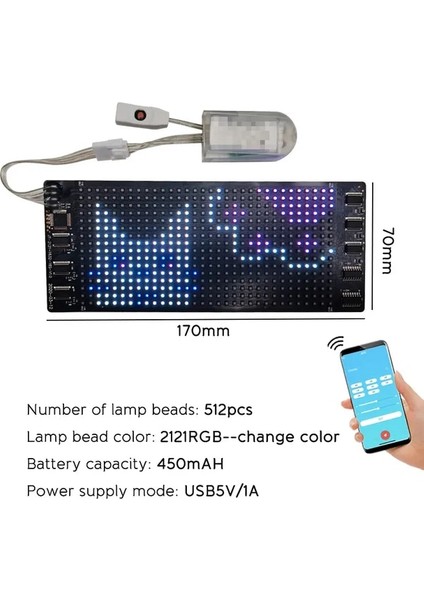 Rgb Çok Renkli 170 Rgb Esnek Ekran Renkli Ekran LED Modül Şerit Işık Uygulaması Bluetooth Dıy Şapka Elbise Çantası Ayakkabı Kelime Kaydırma Matris Ekranı (Yurt Dışından)