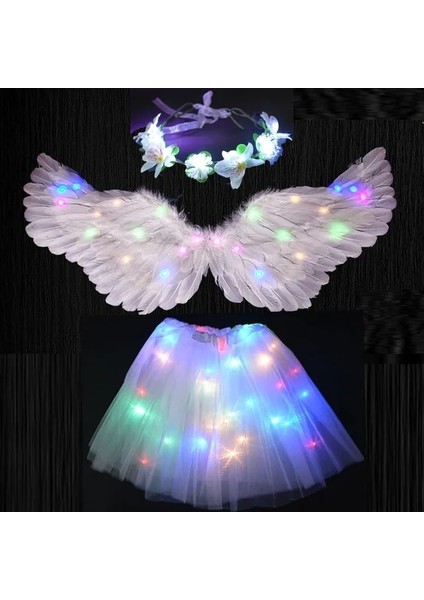 2-8 Yıl Için 10 Set Kız Kadın Melek Çiçek Peri Kostüm Işık Tutu LED Etek Glow Çelenk Tüy Kanat Halo Parti Hediye Doğum Günü Düğün Karnaval (Yurt Dışından)