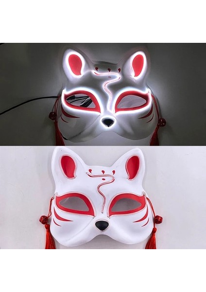 Beyaz Aydınlık LED Maske Japon Tilkiler Maskesi Rave Kostüm Anime Yarım Yüz Kedi Maskeleri Masquerade Festivali Parti Cosplay Sahne (Yurt Dışından)