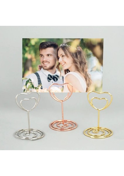 Altın Yuvarlak 10 Adet/grup Kalp Şekli Metal Masaüstü Fotoğraf Not Tutucu Standı Düğün Dekorasyon Masa Numarası Tutucu Yer Kartı Not Mesaj Klipleri (Yurt Dışından)