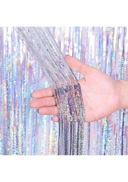 Gümüş 2x1 M Lazer Metalik Folyo Tinsel Saçak Perde Doğum Günü Düğün Bekarlığa Veda Partisi Dekorasyon Fotoğraf Arka Plan Bebek Duş (Yurt Dışından)