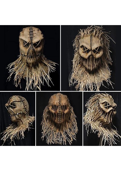 02 Cadılar Bayramı Korkuluk Golf Sopası Kılıfı Eldiven ve Şapka ile Cadılar Bayramı Kostüm Başlık Masquerade Partisi Cosplay Korkunç Korkuluk Maskesi (Yurt Dışından)