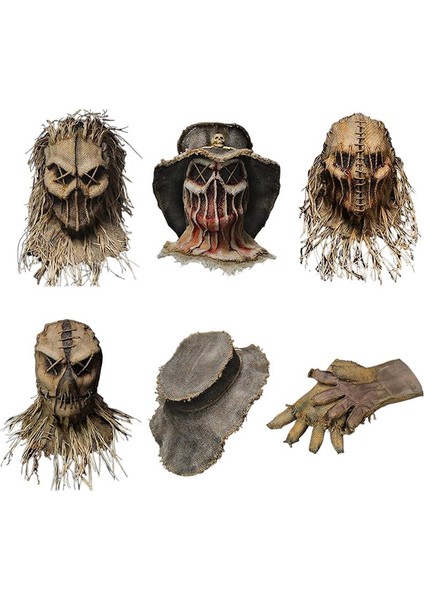 02 Cadılar Bayramı Korkuluk Golf Sopası Kılıfı Eldiven ve Şapka ile Cadılar Bayramı Kostüm Başlık Masquerade Partisi Cosplay Korkunç Korkuluk Maskesi (Yurt Dışından)