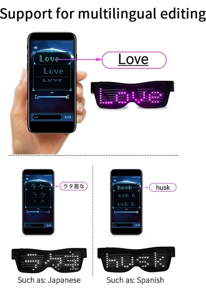 D Sihirli Bluetooth Aydınlık Gözlük App Kontrolü LED Parti Gözlüğü Kalkanı USB Şarj Dıy App Kontrolü Çok Dilli Hızlı Flaş LED (Yurt Dışından) modelleri