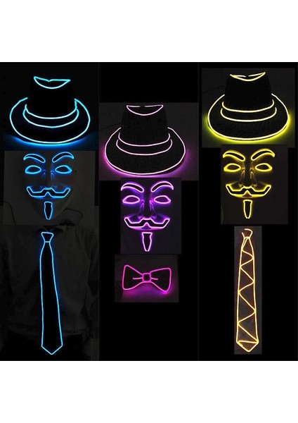 E Pembe Sıcak Satış LED Festivali Rave Işık Parti Cosplay Vendetta Guy Fawkes Flaş Takım Elbise El Şapka + Parlayan Kravat + Neon Maske Bar Dans Malzemeleri (Yurt Dışından)