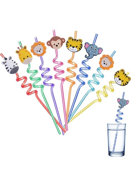 8 Adet Krallar Orman Hayvanları Pipet Hayvan Yeniden Kullanılabilir Plastik Pipet Aslan Kaplan Saman Orman Safari Doğum Günü Partisi Dekoru Saman (Yurt Dışından)