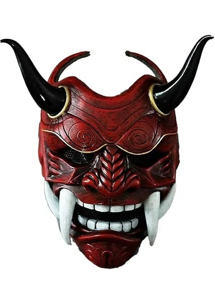 Kırmızı Cadılar Bayramı Yüz Maskeleri Hannya Şeytan Oni Samurai Noh Kabuki Kırmızı Prajna Inek Şeytan Lateks Parti Yetişkin Unisex Maskeleri Halat Boynuzları ile (Yurt Dışından)