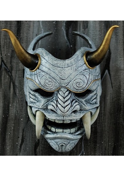 Yarım Yüz Gümüş Maske Şapkalar Oni Samuray Inek Şeytan Face Fangs Japon Cosplay Kostüm Sahne Cadılar Bayramı Korku Dekor Ev Dekorasyon (Yurt Dışından) fiyatları
