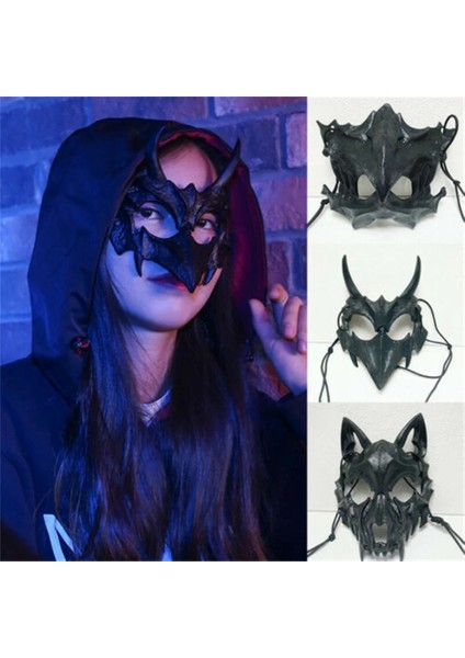 Beyaz-Nue Cadılar Bayramı Kostüm Maskesi Siyah Beyaz Yarım Yüz Maskesi Ejderha Kaplan Kurt Korku Cosplay Sahne Kadın Erkek Parti Performansı Maskesi (Yurt Dışından)