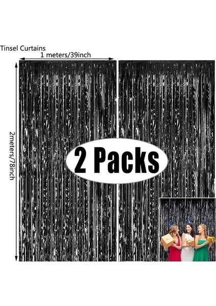 Siyah Bir 2 Paket 2x1 M Gümüş Glitter Tinsel Saçak Perde Fotoğraf Arka Plan Doğum Günü Düğün Parti Dekorasyon Ev Erkek Kız Erkek Kadın (Yurt Dışından)