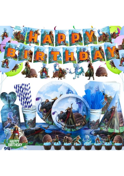 Patlamış Mısır Kutusu-6 Adet Disney Raya ve Son Ejderha Parti Malzemeleri Süslemeleri Çocuklar Doğum Günü Tek Kullanımlık Sofra Bardak Tabaklar Parti Iyilik Dekor Seti (Yurt Dışından)