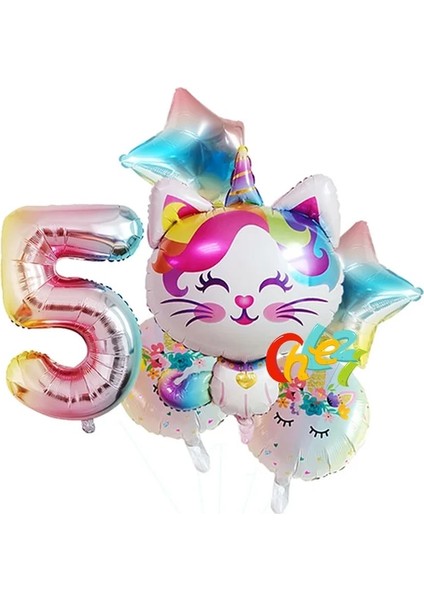 Yıldız 5 6 Adet Gökkuşağı Ünikorn Kedi Folyo Balon 32 Inç Degrade Renk Numarası Balon Doğum Günü Düğün Parti Dekorasyon Malzemeleri Bebek Duş (Yurt Dışından)