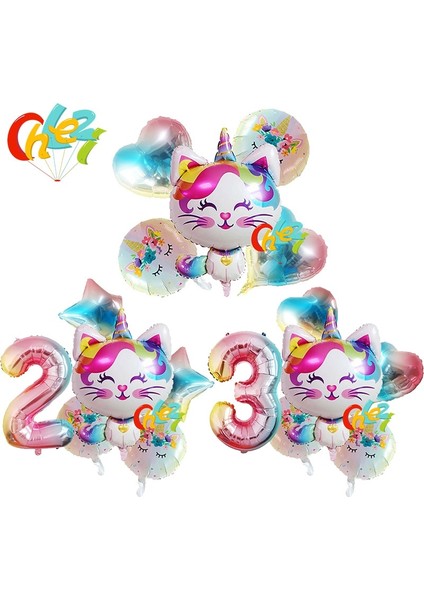 Yıldız 5 6 Adet Gökkuşağı Ünikorn Kedi Folyo Balon 32 Inç Degrade Renk Numarası Balon Doğum Günü Düğün Parti Dekorasyon Malzemeleri Bebek Duş (Yurt Dışından)