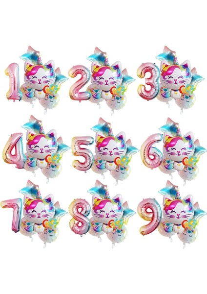 Yıldız 5 6 Adet Gökkuşağı Ünikorn Kedi Folyo Balon 32 Inç Degrade Renk Numarası Balon Doğum Günü Düğün Parti Dekorasyon Malzemeleri Bebek Duş (Yurt Dışından)