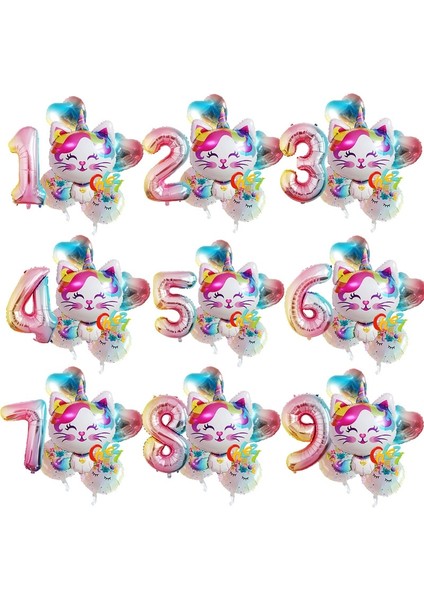 Yıldız 5 6 Adet Gökkuşağı Ünikorn Kedi Folyo Balon 32 Inç Degrade Renk Numarası Balon Doğum Günü Düğün Parti Dekorasyon Malzemeleri Bebek Duş (Yurt Dışından)