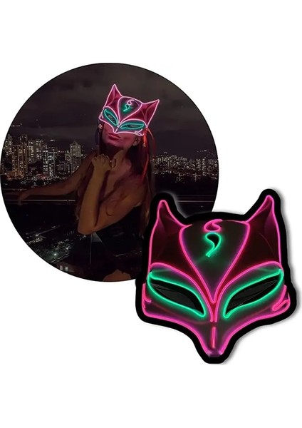 Yeşil LED Parlayan Maske - Dokuz Kuyruklu Tilki/tenko/sky Fox/kitsune/japon Tilki Tasarımı - Edm, Rave, Maskeli Balo, Müzik Festivali (Mavi) (Yurt Dışından)
