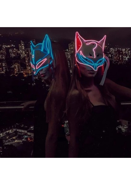 Yeşil LED Parlayan Maske - Dokuz Kuyruklu Tilki/tenko/sky Fox/kitsune/japon Tilki Tasarımı - Edm, Rave, Maskeli Balo, Müzik Festivali (Mavi) (Yurt Dışından) modelleri